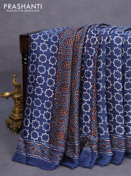 Modal silk saree indigo blue with allover ajrakh prints and printed border