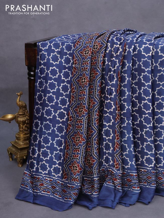 Modal silk saree indigo blue with allover ajrakh prints and printed border