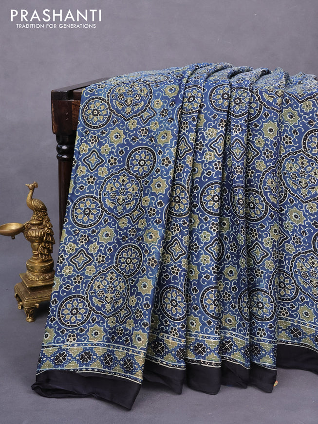 Modal silk saree indigo blue and black with allover ajrakh prints and printed border