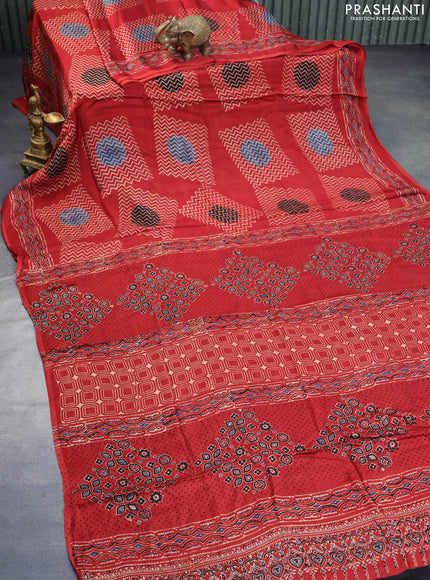 Modal silk saree maroon with allover ajrakh prints in borderless style