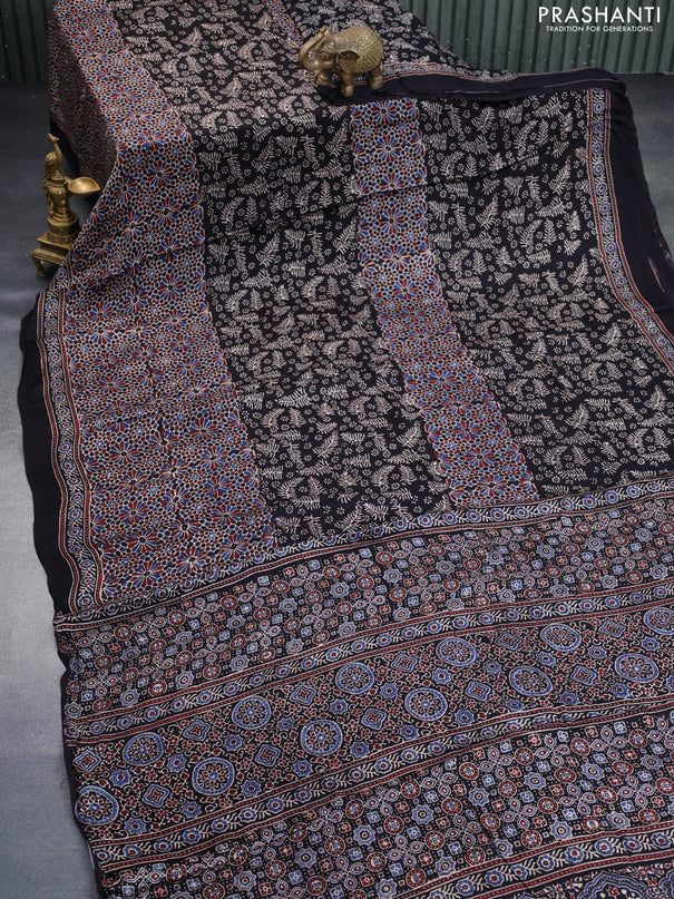 Modal silk saree black with allover ajrakh prints and printed border