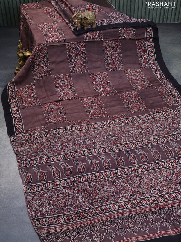 Modal silk saree coffee brown and black with allover ajrakh prints in borderless style