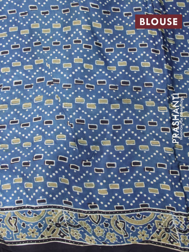 Modal silk saree peacock blue and black with allover ajrakh prints in borderless style