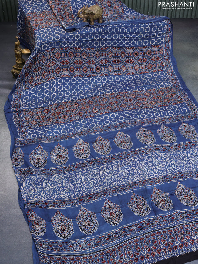 Modal silk saree blue with allover ajrakh prints and printed border