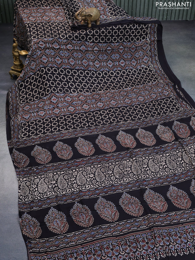 Modal silk saree black with allover ajrakh prints and printed border