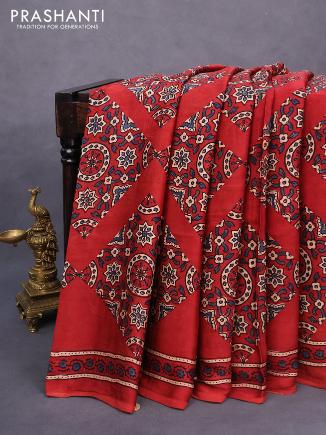 Modal silk saree red with allover ajrakh prints and printed border