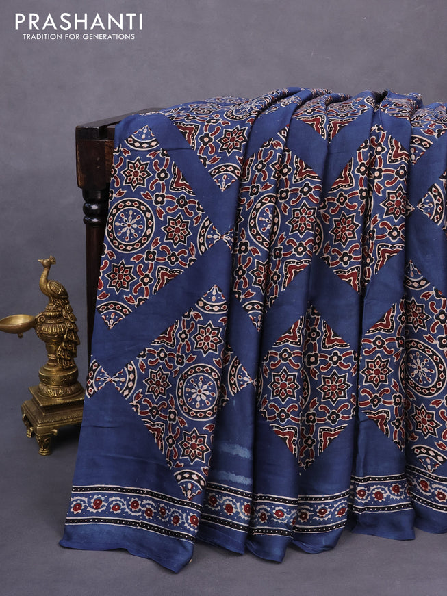 Modal silk saree blue with allover ajrakh prints and printed border