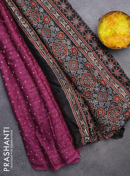 Modal silk saree mild purple and black with allover bandhani prints and ajrakh printed pallu