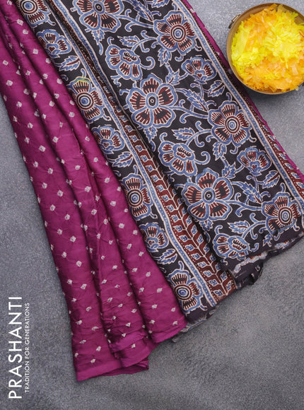 Modal silk saree mild purple and black with allover bandhani prints and ajrakh printed pallu