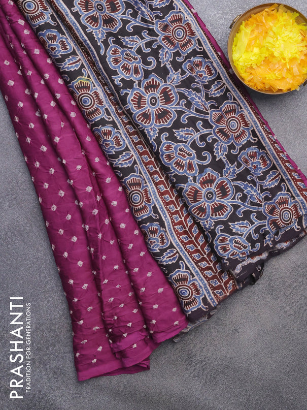 Modal silk saree mild purple and black with allover bandhani prints and ajrakh printed pallu