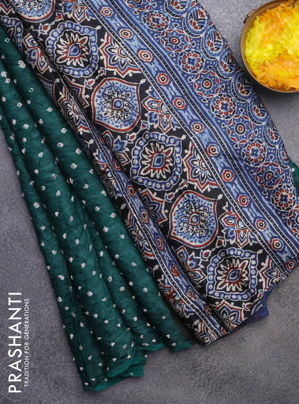 Modal silk saree peacock green and indigo blue with allover bandhani prints and ajrakh printed pallu