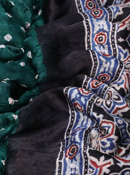 Modal silk saree peacock green and indigo blue with allover bandhani prints and ajrakh printed pallu