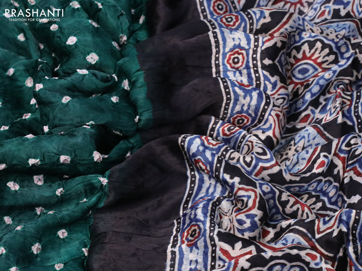 Modal silk saree peacock green and indigo blue with allover bandhani prints and ajrakh printed pallu