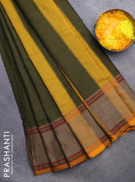 Narayanpet cotton saree sap green and mustard shade with plain body and thread woven border