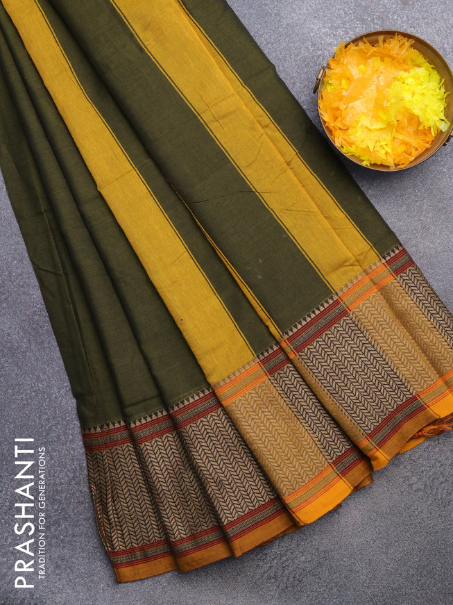 Narayanpet cotton saree sap green and mustard shade with plain body and thread woven border