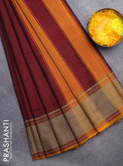 Narayanpet cotton saree maroon and mustard shade with plain body and thread woven border