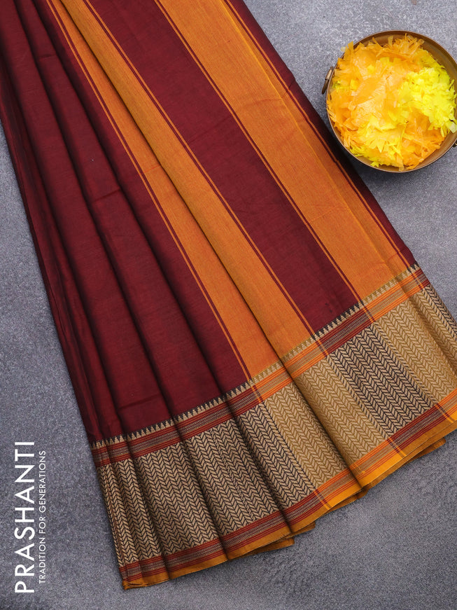 Narayanpet cotton saree maroon and mustard shade with plain body and thread woven border