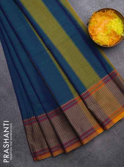 Narayanpet cotton saree dual shade of bluish green and mustard shade with plain body and thread woven border