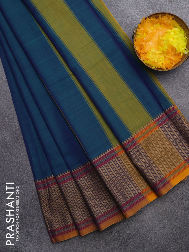 Narayanpet cotton saree dual shade of bluish green and mustard shade with plain body and thread woven border