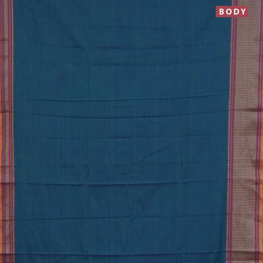 Narayanpet cotton saree dual shade of bluish green and mustard shade with plain body and thread woven border