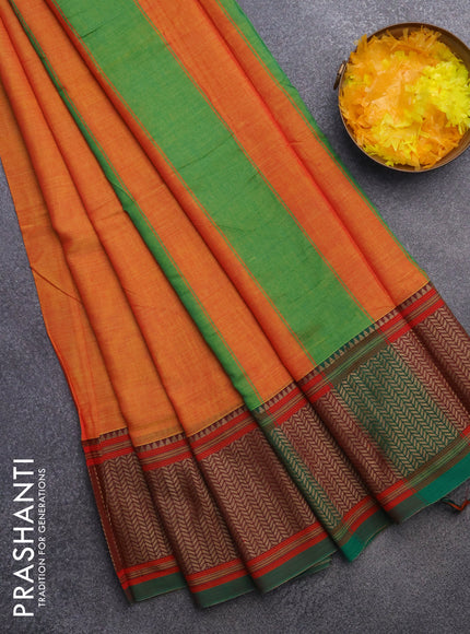 Narayanpet cotton saree dual shade of yellow and green with plain body and thread woven border