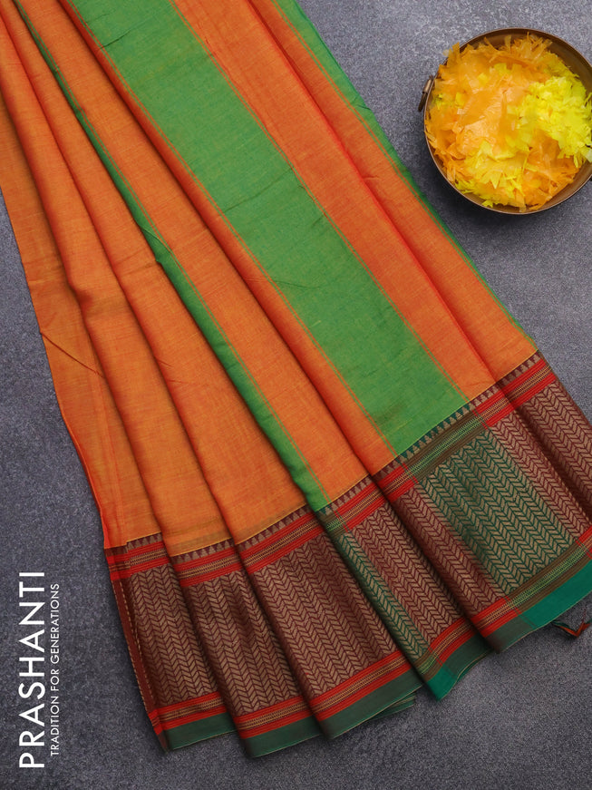 Narayanpet cotton saree dual shade of yellow and green with plain body and thread woven border