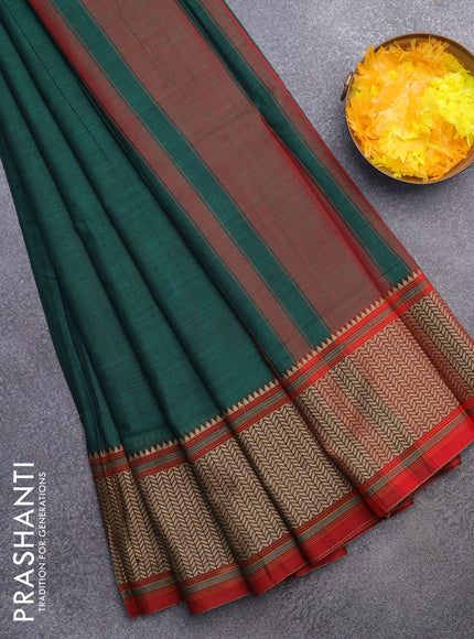 Narayanpet cotton saree green and maroon with plain body and thread woven border