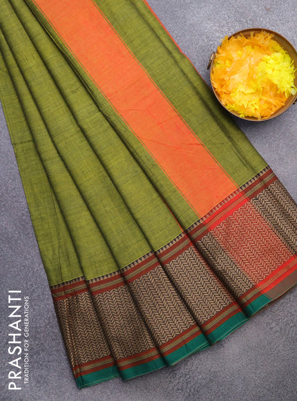 Narayanpet cotton saree mehendi green and green with plain body and thread woven border