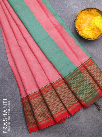 Narayanpet cotton saree pink shade and red with plain body and thread woven border