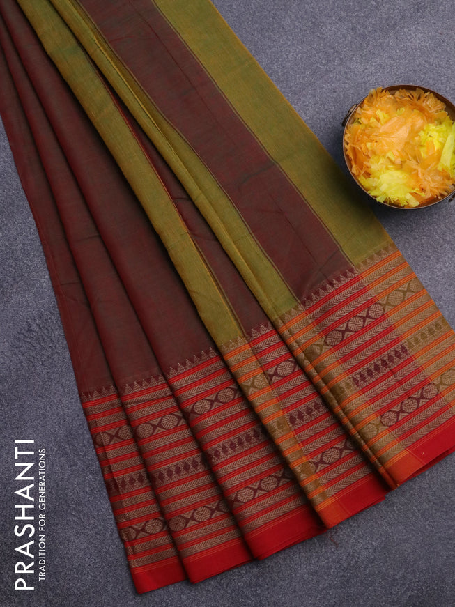 Narayanpet cotton saree manthulir green and red with plain body and thread woven border