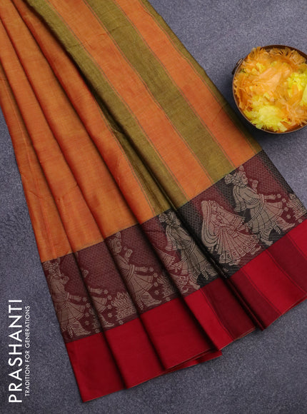 Narayanpet cotton saree mustard yellow and pink with plain body and thread wove simple border