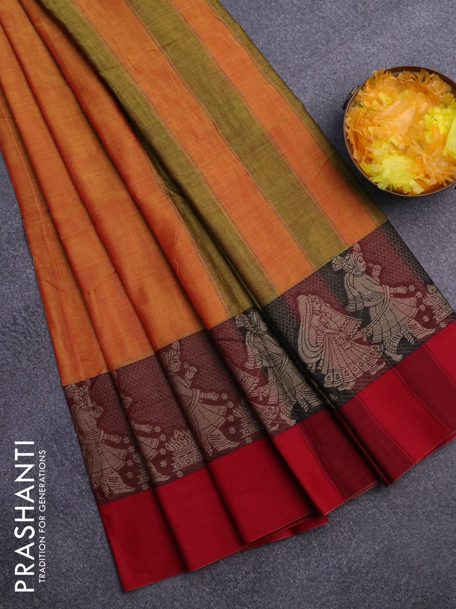 Narayanpet cotton saree mustard yellow and pink with plain body and thread wove simple border