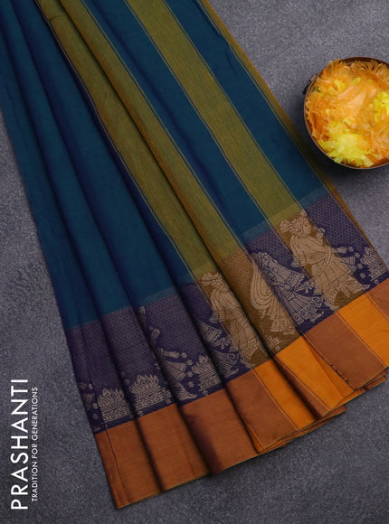 Narayanpet cotton saree dual shade of bluish green and mustard yellow with plain body and thread wove simple border