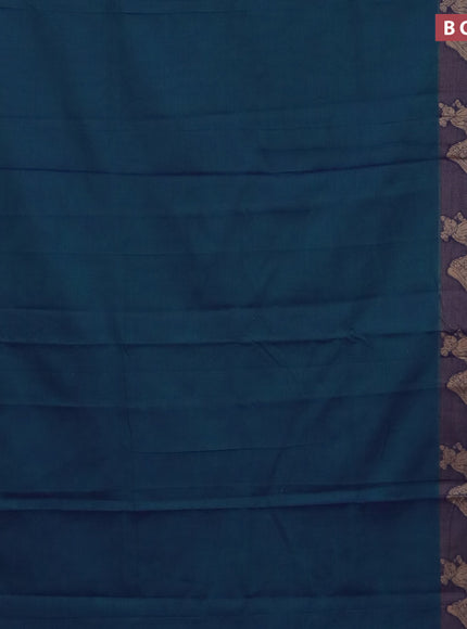 Narayanpet cotton saree dual shade of bluish green and mustard yellow with plain body and thread wove simple border