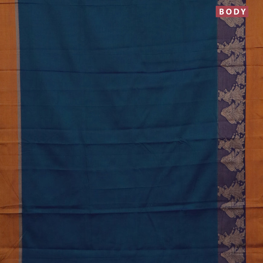 Narayanpet cotton saree dual shade of bluish green and mustard yellow with plain body and thread wove simple border