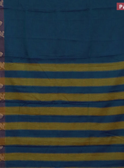 Narayanpet cotton saree dual shade of bluish green and mustard yellow with plain body and thread wove simple border