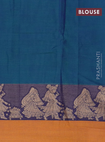 Narayanpet cotton saree dual shade of bluish green and mustard yellow with plain body and thread wove simple border