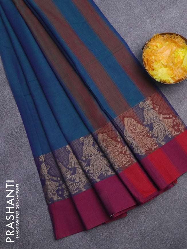 Narayanpet cotton saree dual shade of bluish green and magenta pink with plain body and thread wove simple border