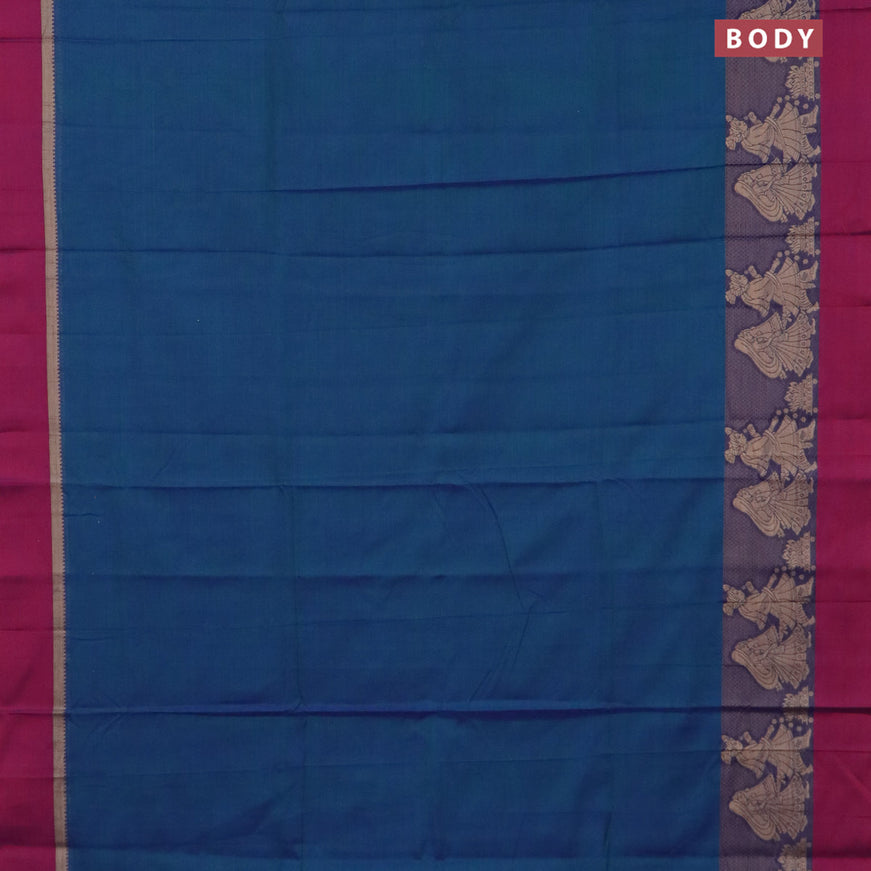 Narayanpet cotton saree dual shade of bluish green and magenta pink with plain body and thread wove simple border