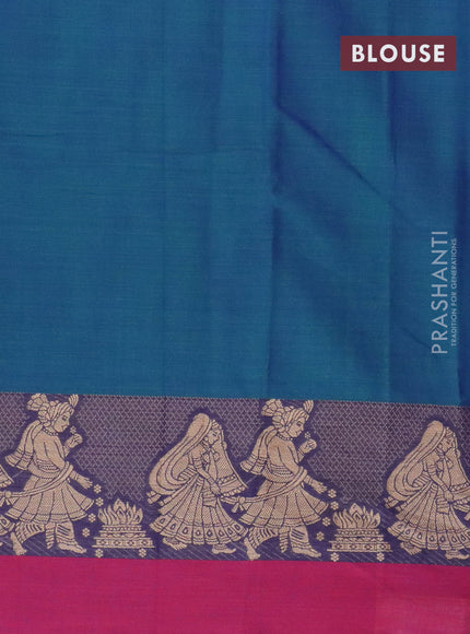 Narayanpet cotton saree dual shade of bluish green and magenta pink with plain body and thread wove simple border