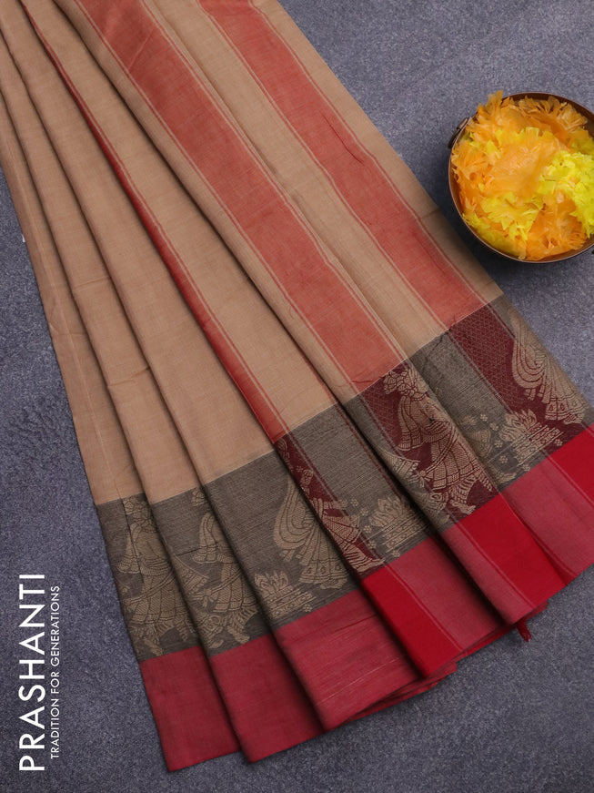 Narayanpet cotton saree sandal and pink with plain body and thread wove simple border