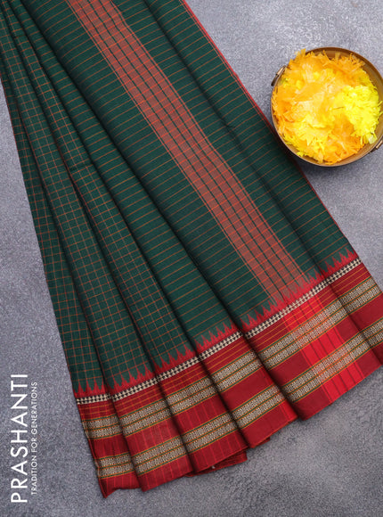 Narayanpet cotton saree green and maroon with allover checked pattern and thread woven border