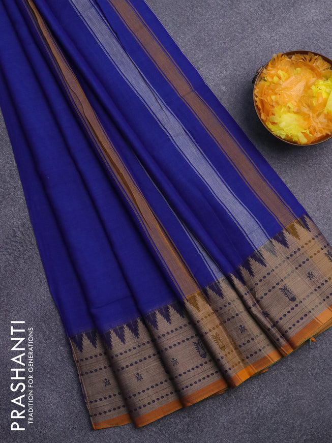 Narayanpet cotton saree blue and mustard shade with plain body and thread woven border