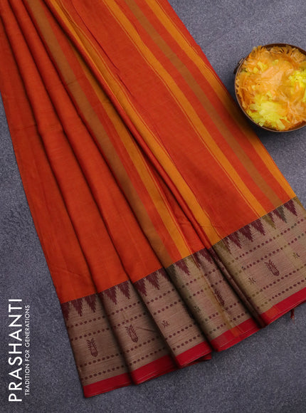 Narayanpet cotton saree orange and red with plain body and thread woven border