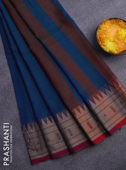 Narayanpet cotton saree dual shade of bluish green and magenta pink with plain body and thread woven border