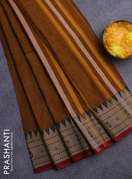 Narayanpet cotton saree mustard shade and maroon with plain body and thread woven border