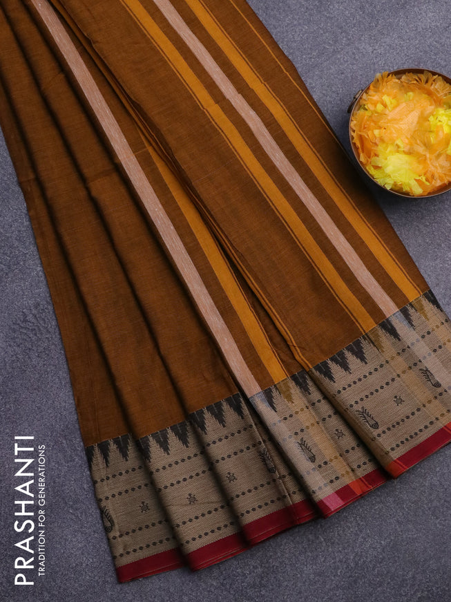 Narayanpet cotton saree mustard shade and maroon with plain body and thread woven border