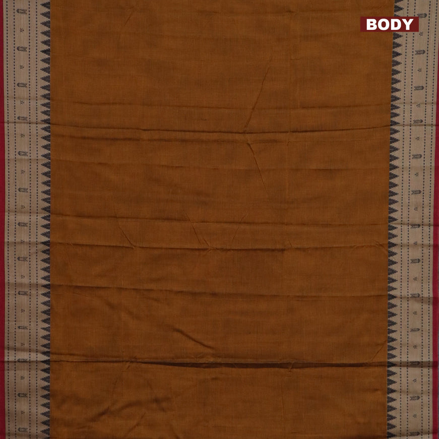 Narayanpet cotton saree mustard shade and maroon with plain body and thread woven border