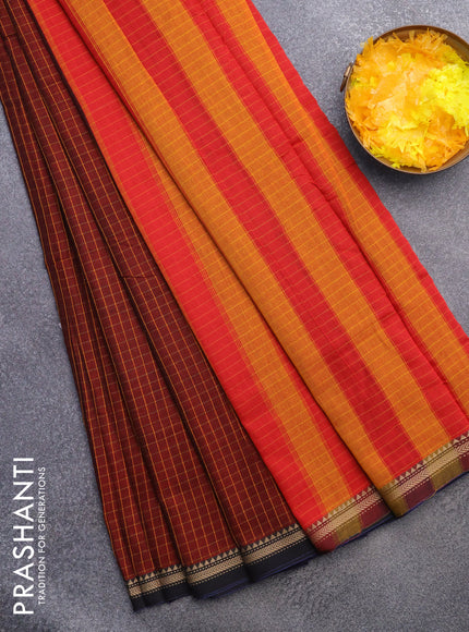 Narayanpet cotton saree maroon and black with allover checked pattern and thread woven border