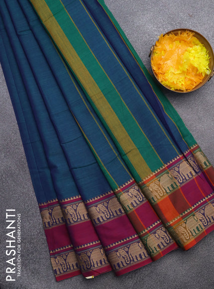 Narayanpet cotton saree dual shade of bluish green and magenta pink with plain body and rettapet thread woven border